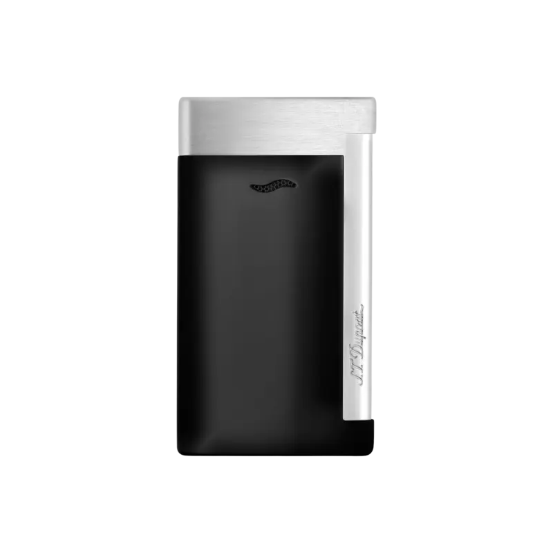 S.T. Dupont Slim 7 Matte Black accendino ultra-sottile con fiamma a torcia blu e finitura nero opaco/cromato spazzolato.