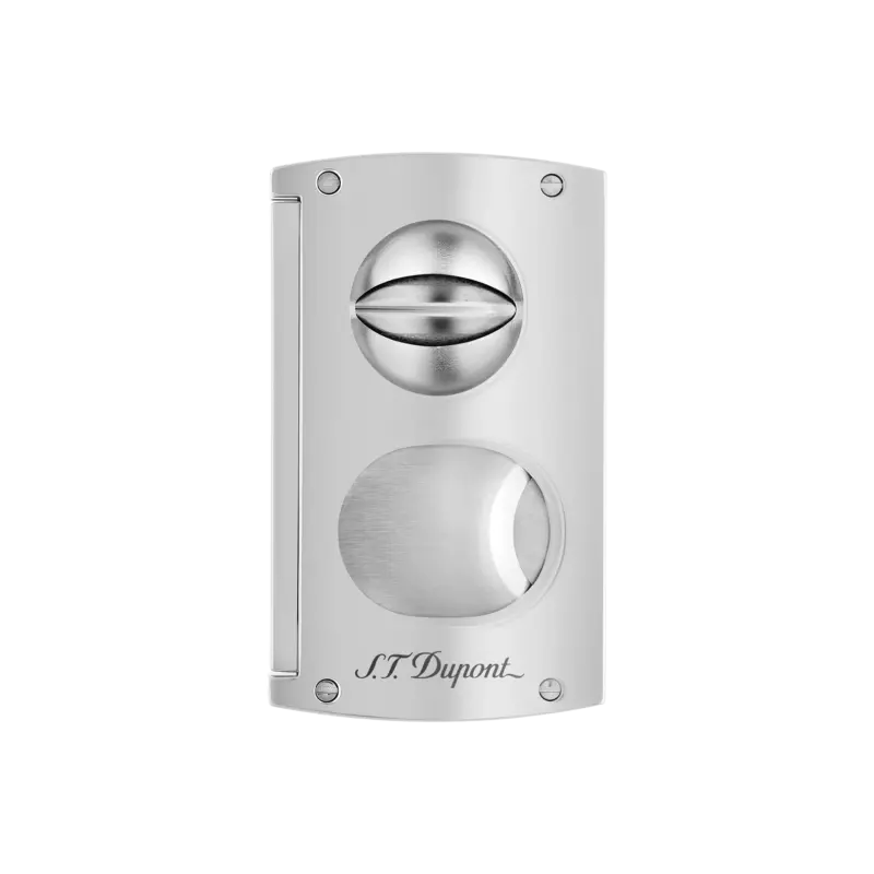 Tagliasigari S.T. Dupont Chrome con doppia lama e lama V-CUT; finitura cromata, design ergonomico.