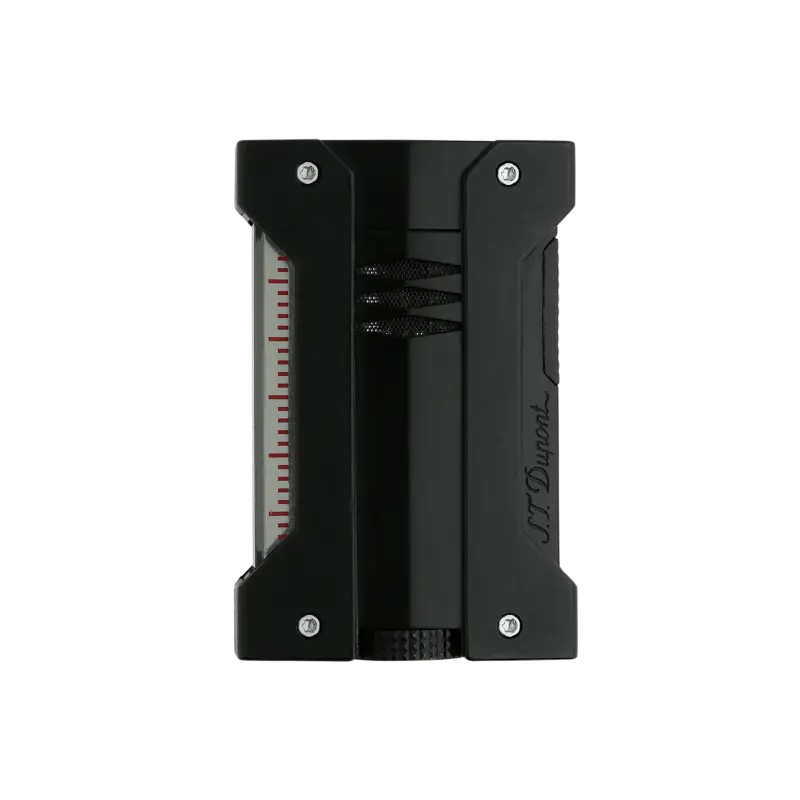 S.T. Dupont Défi Extreme Matte Black con fiamma a torcia blu, corpo in metallo iniettato e guscio semi-rigido; funziona da −6° a >45°C e oltre 2400 m.