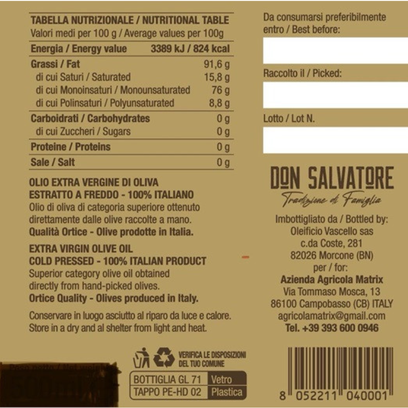 Etichetta Olio Extravergine d’Oliva Don Salvatore 250 ml