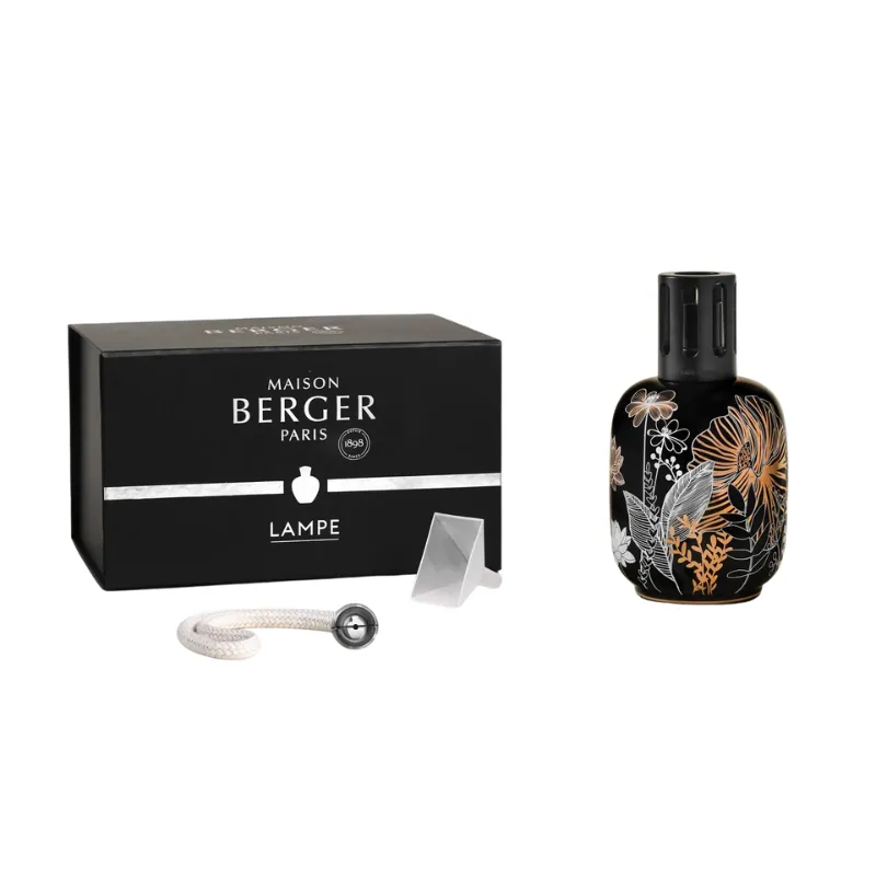 Lampe Berger Vegetale Noir – lampada catalitica in porcellana nera con motivo floreale e cornice nera opaca