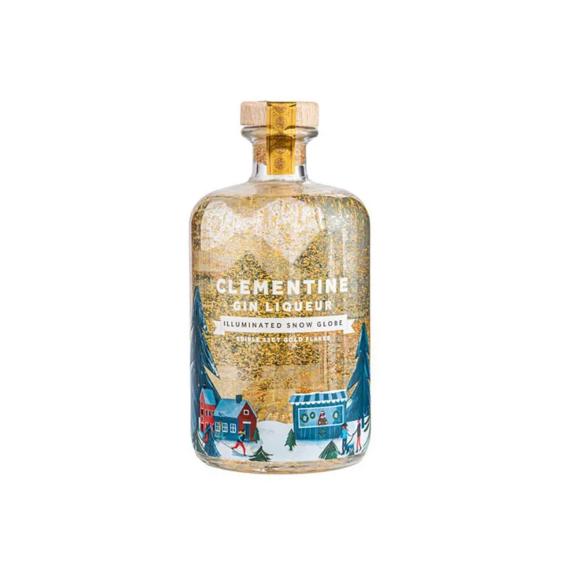 Bottiglia Hayman’s Snow Globe Gin Liqueur Clementine con scaglie di oro commestibile 23k e base illuminata LED, liquore aromatizzato alla clementina.