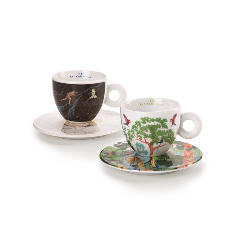 Set tazze cappuccino illy Art Collection 2024 con decorazioni di Aycoobo e Rember Yahuarcani