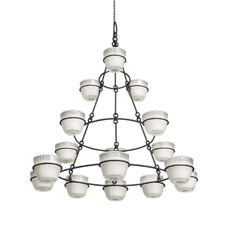 Lampadario sospeso multipiano in ferro battuto con coppe in vetro satinato – Angolo delle Occasioni